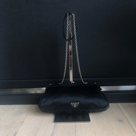 Prada Shoulder Bag - Satin Suede with Mini Flowers, Black Leather - Picture 2 of 6